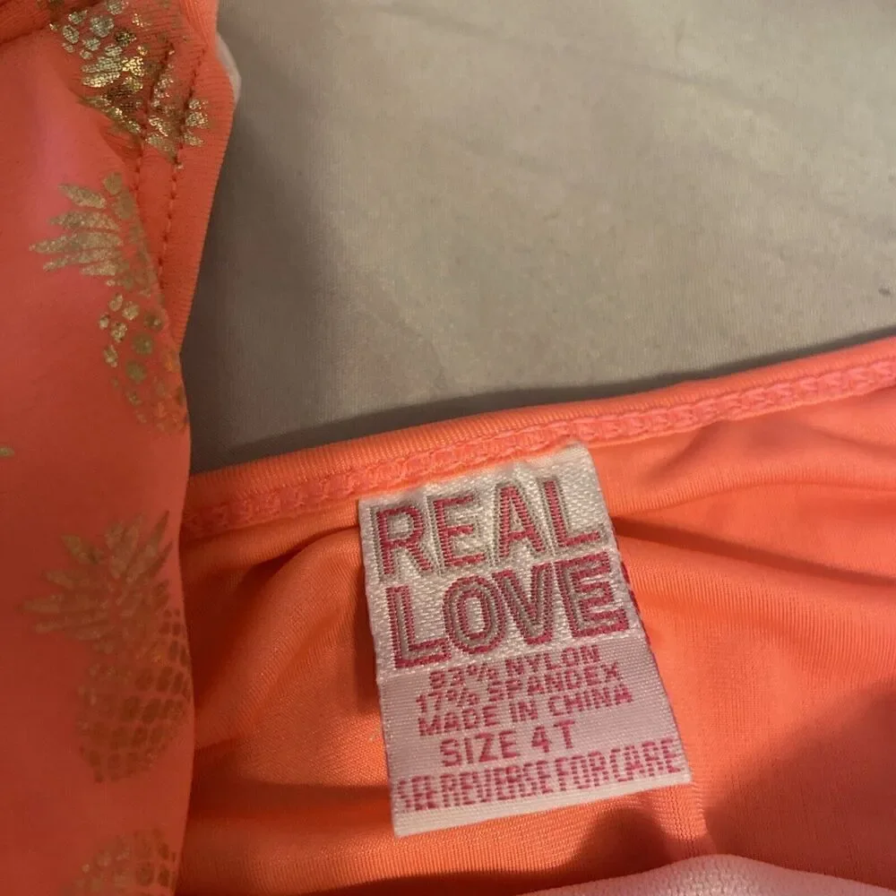Real Love Coral 2-Piece‎ Girls Size 4T Swimsuit W/Metallic Gold Pineapple Design